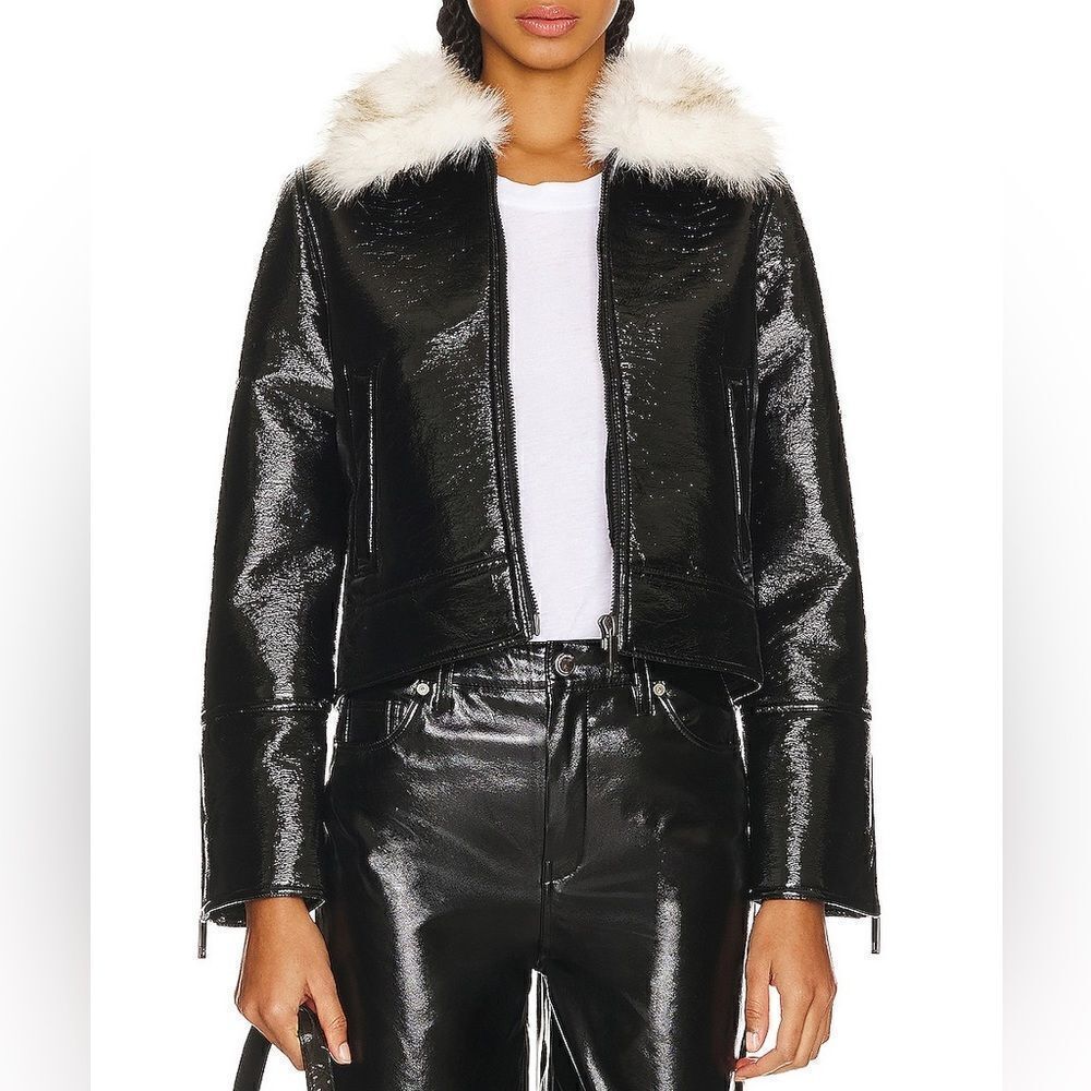 Unreal Fur Womens Black Wet Look Aviator Jacket Faux Leather Faux Fur Size Large